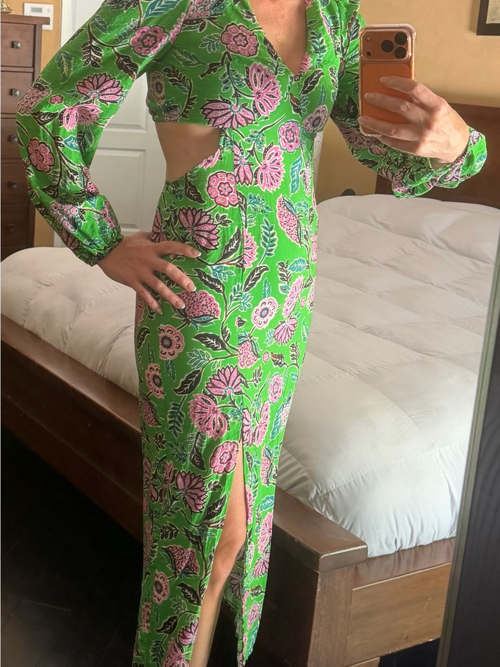 Green Floral Maxi Dress with Cutout and Front Slit